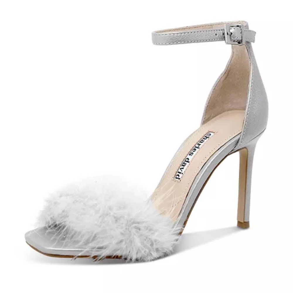 Charles David Silver Heels with Fluffy Accent